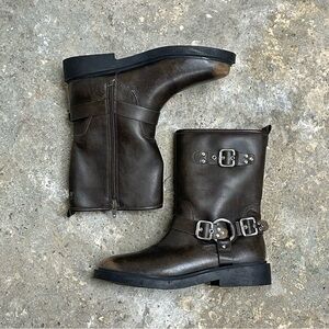 Zara Brown Faux Leather Buckle Motorcycle Boots